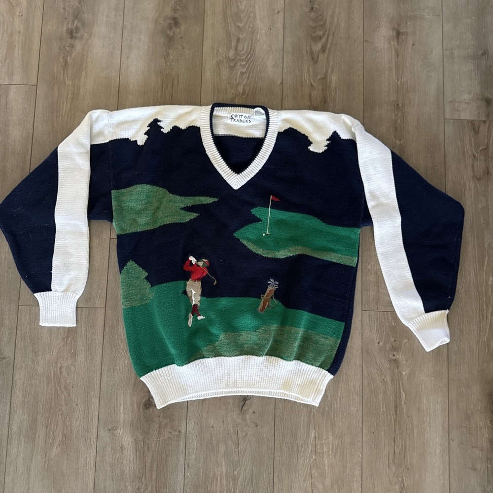 Vtg 90's Cotton Traders Sport Mens Novelty Golf Knit Sweater L Color Block Thick